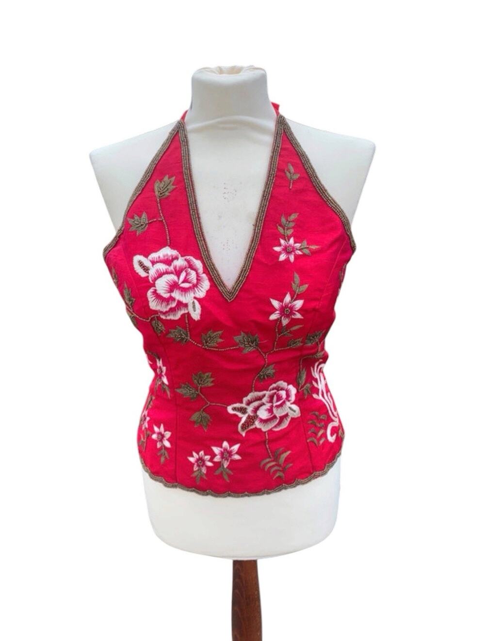 Vintage Aftershock 100% Silk Beaded Halter Corset Top